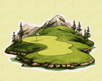 Golf Green z górami PNG - Wysoka jakość z białym konturem, idealny do łatwej sublimacji i cięcia