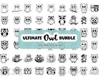 56 Cute Owl Mega Bundle: Designs for Cricut, Silhouette Cut Files, Owl Clipart, Tumbler, Shirts, and more! Owl SVGs, AI, EPS, and PNGs