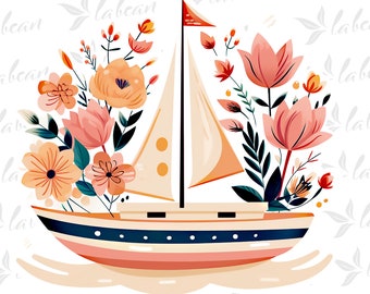 Cottage core Barca a vela PNG Sublimation Design per stampe a sublimazione / PNG per camicie, tazze, bicchieri e altro / 300 DPI con contorno tagliato