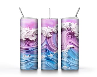 Tumbler da spiaggia 3D senza cuciture - Disegno murale multistrato - Scena di spiaggia in vibranti colori viola, rosa e blu
