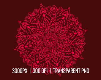 Mandala rosso vibrante PNG con BGD trasparente / 3000px, 300dpi / Clip Art mandala ad alta risoluzione
