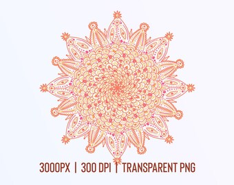 Mandala arancione vibrante PNG con BGD trasparente / 3000px, 300dpi / Clip Art mandala ad alta risoluzione