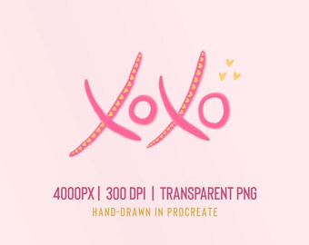 XOXO Hearts and Kisses - Arte digitale disegnata a mano PNG, sfondo trasparente / 4000px, 300dpi