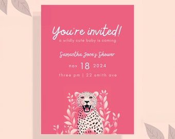 Pink Cheetah Baby Shower Invitation Canva Template - Editable & Printable