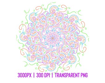 Mandala PNG colorato e vibrante con BGD trasparente / 3000px, 300dpi / Clip Art Mandala ad alta risoluzione