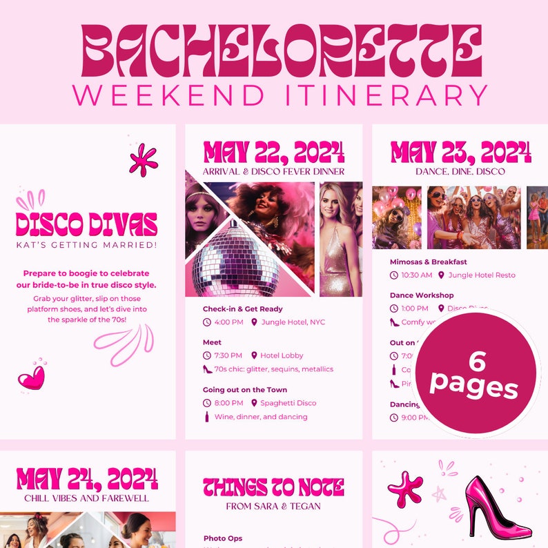 Bachelorette Itinerary Free Canva Template: Disco Diva Pink Theme Fully ...