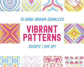 Vibrant Seamless Patterns - 10 modelli senza soluzione di continuità disegnati a mano per il download digitale (4000px, 300 DPI, JPG)