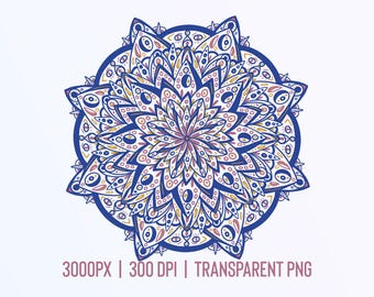 Mandala blu vibrante PNG con BGD trasparente / 3000px, 300dpi / Clip Art mandala ad alta risoluzione