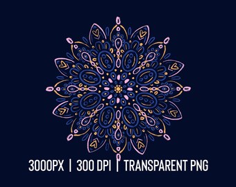 Mandala PNG rosa, giallo e blu con BGD trasparente / 3000px, 300dpi / Illustrazione di mandala disegnata a mano