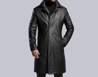 Handmade Mens Leather Black Long Coat-Soft Leather Men Trench Coat-Mens Leather Winter Coat-Gift For Him