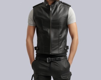 Genuine Leather Men Black Vest-Handmade Men Leather Biker Vest-Black Chopper Vest-Gift For Him