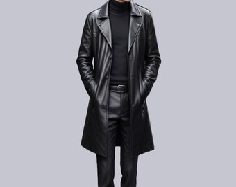 Trench-coat en cuir fait main pour homme-Manteau d'hiver en cuir véritable noir-Manteau long en cuir noir pour homme-Cadeau pour lui