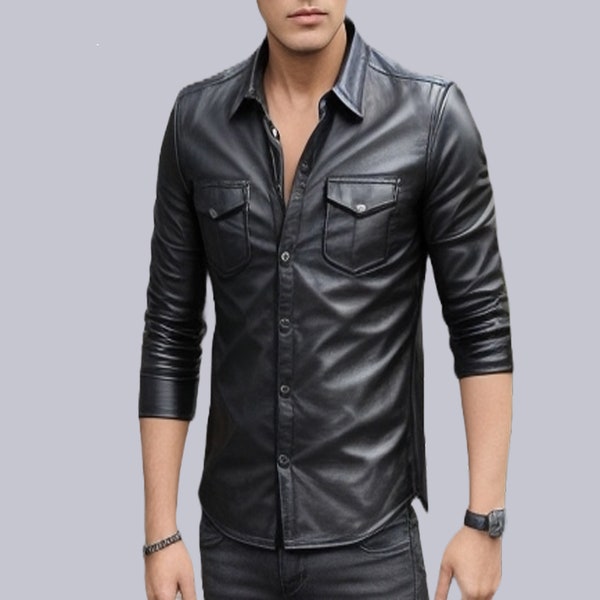 Chemise en cuir noir pour homme faite à la main - Chemise slim fit en cuir véritable - Chemise boutonnée en cuir noir souple - Cadeau pour lui
