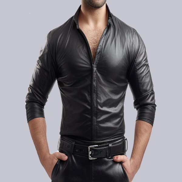 Chemise noire pour homme en cuir de qualité supérieure, chemise à manches longues pour homme en cuir véritable faite main, chemise décontractée