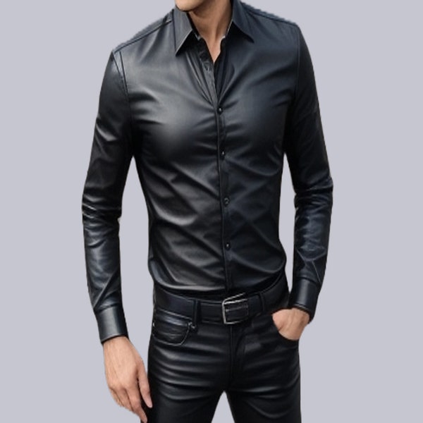 Chemise noire pour homme en cuir véritable - Chemise homme en cuir de vache faite main à manches longues - Chemise boutonnée - Chemise à col en cuir - Cadeau pour lui