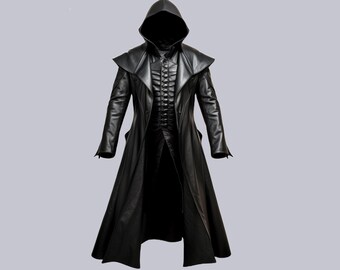 Genuine Leather Men Black Gothic Coat-Handmade Men Leather Trench Coat-Black Long Coat-:Leather Steampunk Coat-Gift For Him