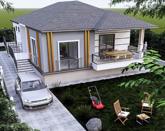 May include: A modern, single-story house with a gray roof, light blue walls, and a small porch. A silver car is parked in the driveway. The yard features a lawn, lawn chairs, a small table, and a red lawnmower.