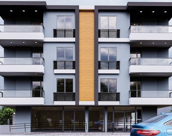 May include: A three-story building with a gray facade and a wooden accent wall. The building has multiple windows and balconies with black railings. There is a storefront on the ground floor with large glass windows.