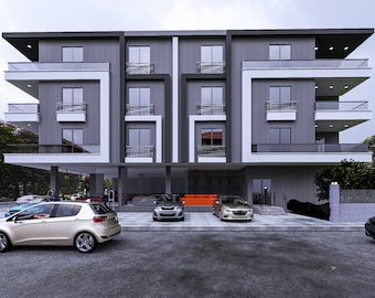 May include: A modern apartment building with a grey exterior and white trim. There are balconies on each floor and a parking lot in front of the building. Several cars are parked in the lot.