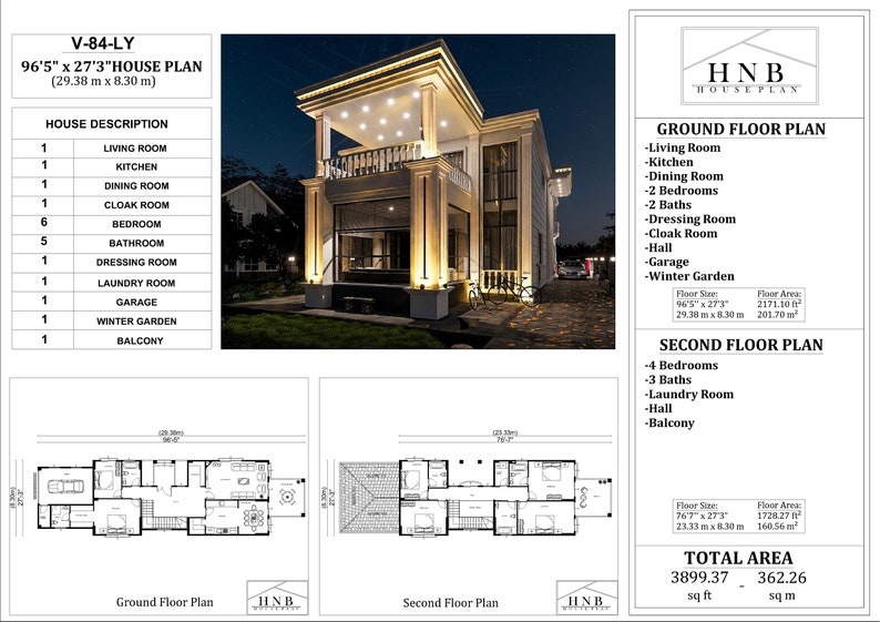 Modern 6 Bedroom House Plan, Two Story Home Blueprint (PDF File) - Etsy