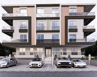 May include: A modern three-storey apartment building with a light grey exterior, brown wood accents, and black balconies. There are four cars parked in front of the building, including a silver saloon, a silver SUV, and a silver sports car.