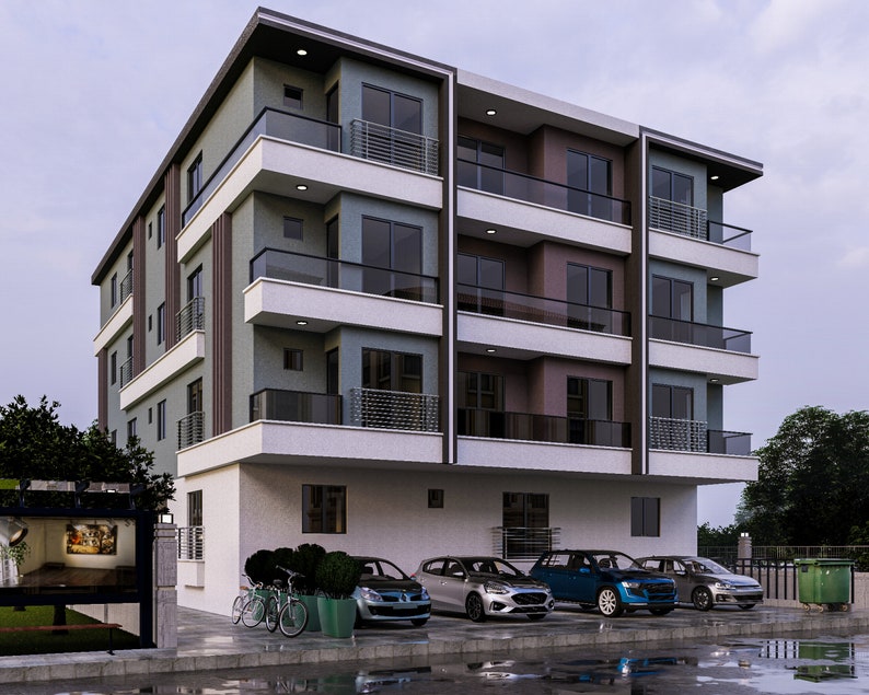 View of Modern 1-bedroom Apartment Plan: 4-floor Building (PDF File) - Etsy