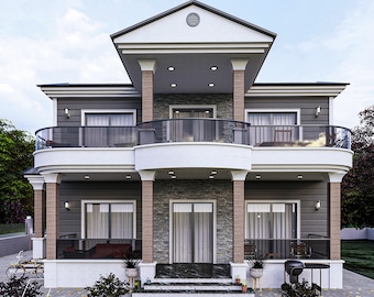 May include: A two-story house with a gray exterior and a white trim. The house has a large front porch with a stone wall and a black grill. There are plants in pots on the porch.