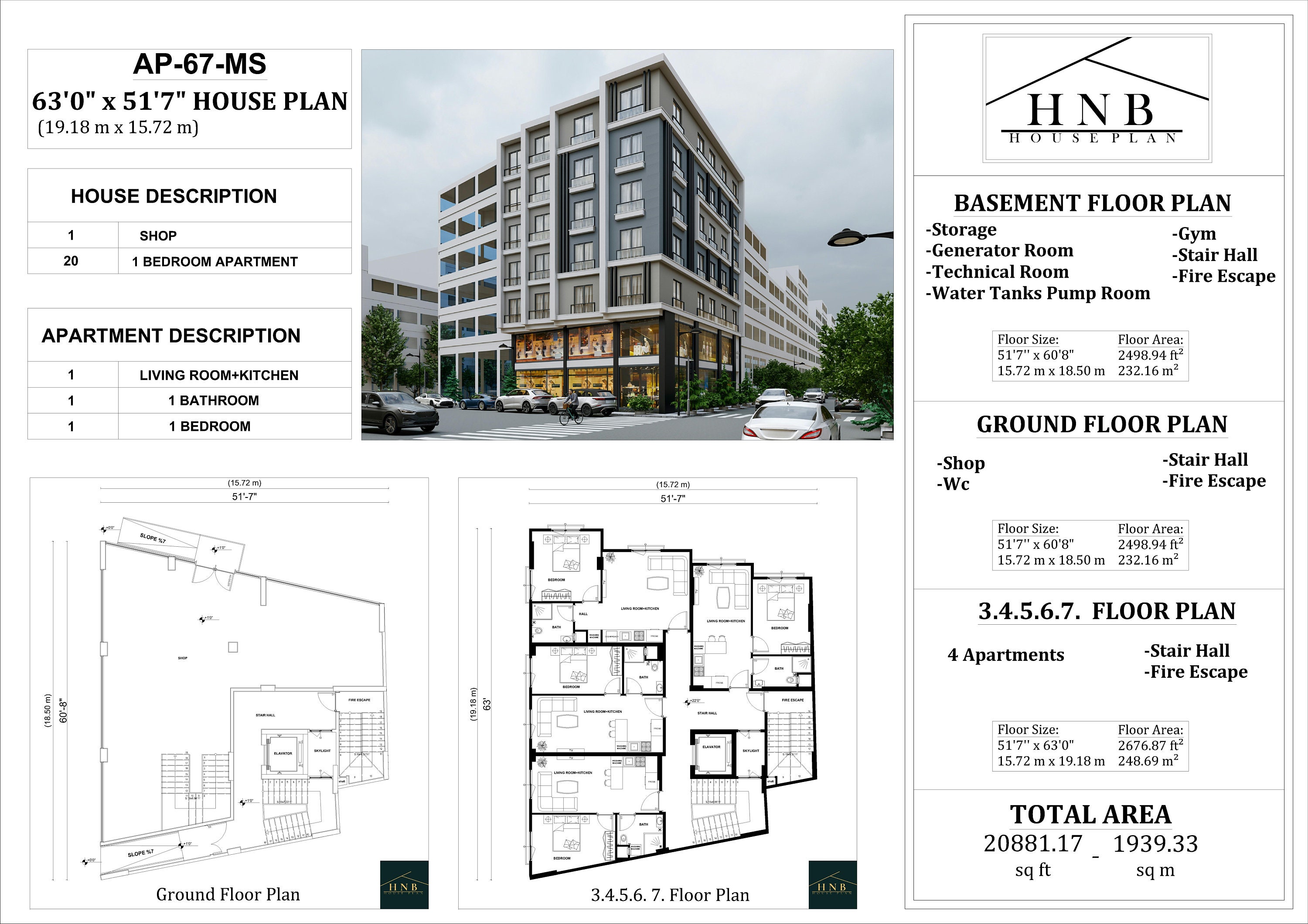 Modern Apartment Building Plan: 6-floor Architecture (PDF & CAD File ...