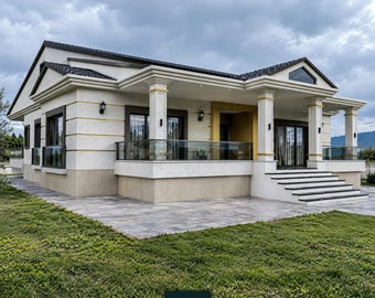 Peut inclure: Une maison de plain-pied avec une façade beige, un toit sombre et un porche avec des colonnes blanches aux accents dorés. L'extérieur comprend des garde-corps en verre, des cadres de fenêtres noirs et un escalier menant à l'entrée. Le texte HNB HOUSE PLAN est visible en bas.
