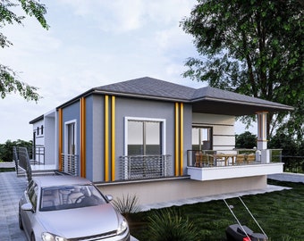 Peut inclure: Une maison moderne de plain-pied avec un extérieur gris, un toit gris foncé et des rayures dorées. La maison comprend de grandes fenêtres, un petit porche avec une table et des chaises et une pelouse bien entretenue. Une voiture argentée est garée dans l'allée.