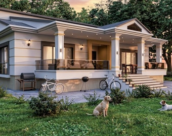 May include: Exterior view of a modern house with a white facade, a porch with columns, and a black roof. Two bicycles are parked near the house. Two dogs are in the front yard, which is covered in green grass.