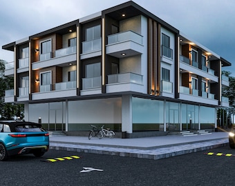 May include: A modern, three-story building with a storefront on the ground floor. The building has a white facade with black accents and large windows. There is a blue car parked in front of the building, and two bicycles are leaning against the building.