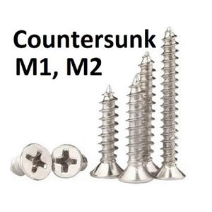 May include: A close-up of a set of silver countersunk screws in various sizes. The screws are labelled "Countersunk M1, M2".