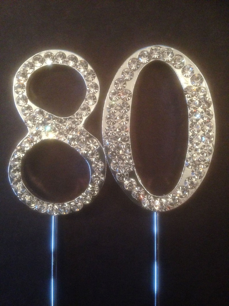 Various Ages Silver Birthday Anniversary Cake Topper Pick Decoration 12-90 years old Rhinestone Diamante Number 80 80th