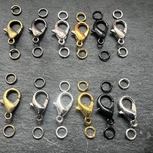 May include: Assortment of silver, gold, and black lobster clasps and jump rings. The clasps are about 2.5 cm long and the jump rings are about 1.25 cm in diameter.