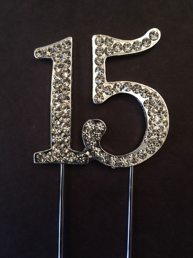 Various Ages Silver Birthday Anniversary Cake Topper Pick Decoration 12-90 years old Rhinestone Diamante Number 15 15th