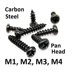 May include: A collection of black carbon steel pan head screws. The image includes the text "Carbon Steel", "Pan Head", and "M1, M2, M3, M4".
