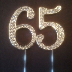 Various Ages Silver Birthday Anniversary Cake Topper Pick Decoration 12-90 years old Rhinestone Diamante Number 65 65th