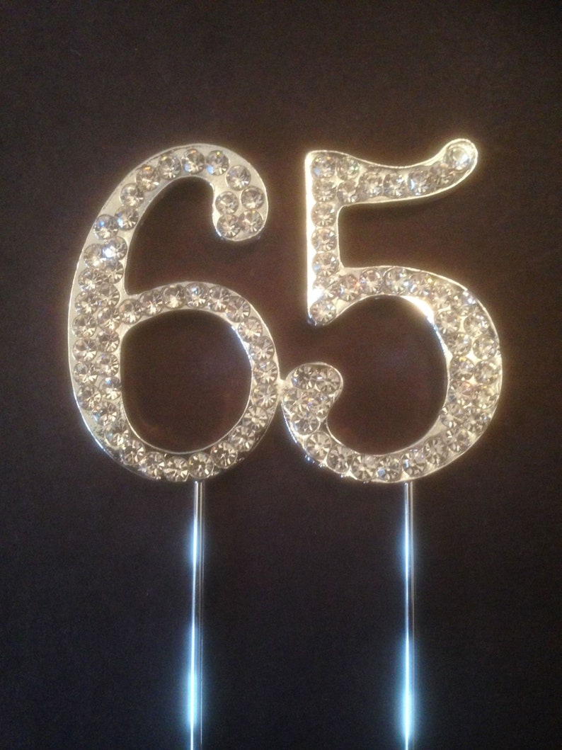 Various Ages Silver Birthday Anniversary Cake Topper Pick Decoration 12-90 years old Rhinestone Diamante Number 65 65th