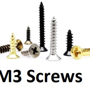 May include: Assortment of M3 screws in various finishes, including black, silver, and brass. The screws have a Phillips head and are commonly used for fastening small objects.