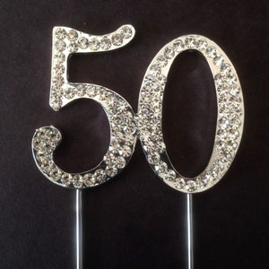 Various Ages Silver Birthday Anniversary Cake Topper Pick Decoration 12-90 years old Rhinestone Diamante Number 50 50th