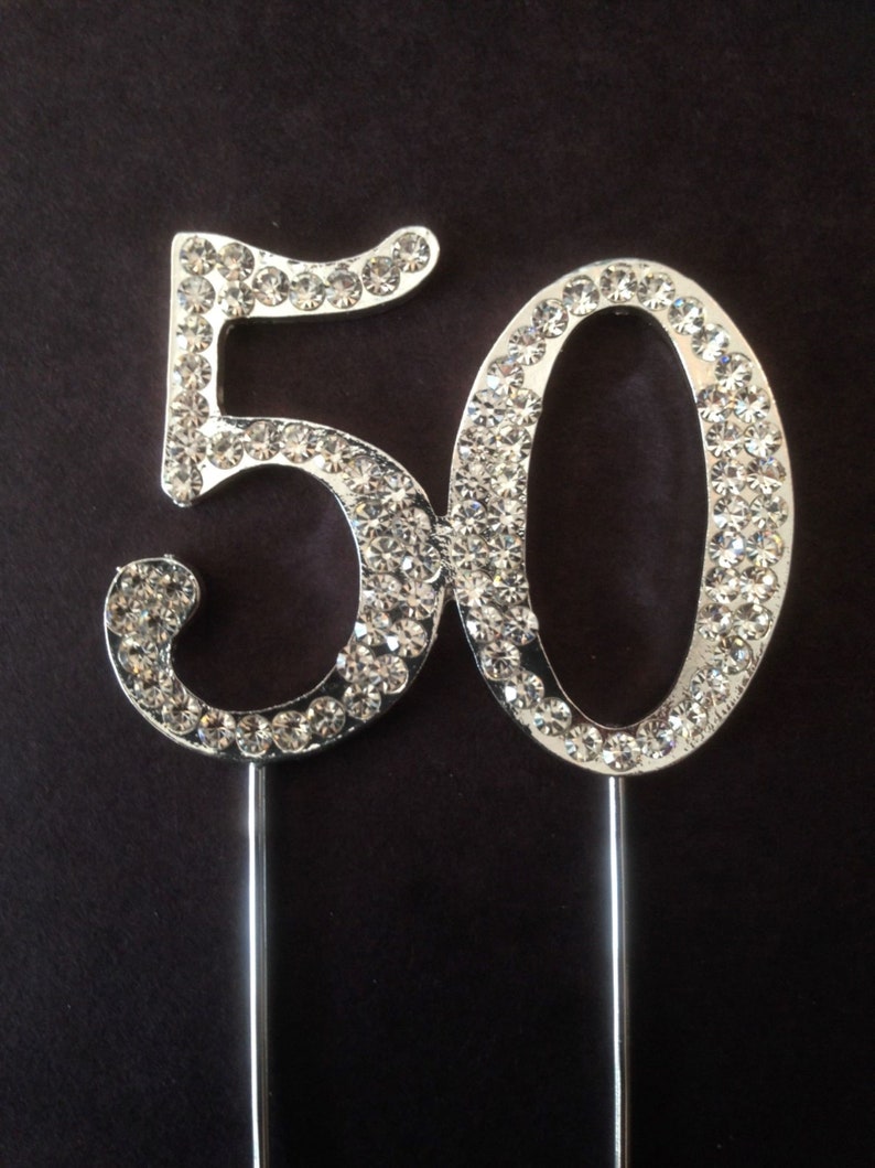 Various Ages Silver Birthday Anniversary Cake Topper Pick Decoration 12-90 years old Rhinestone Diamante Number 50 50th