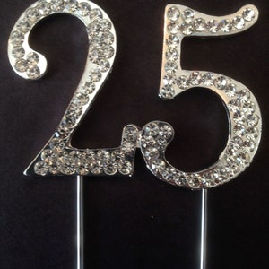 Various Ages Silver Birthday Anniversary Cake Topper Pick Decoration 12-90 years old Rhinestone Diamante Number 25 25th