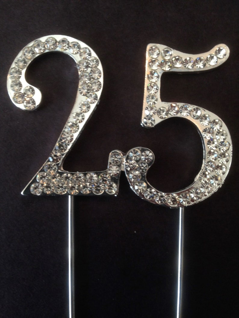 Various Ages Silver Birthday Anniversary Cake Topper Pick Decoration 12-90 years old Rhinestone Diamante Number 25 25th