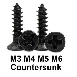 May include: Four black countersunk screws of different sizes: M3, M4, M5, and M6. The screws have a cross-head design.