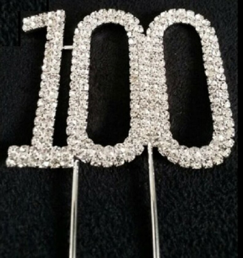 Various Ages Silver Birthday Anniversary Cake Topper Pick Decoration 12-90 years old Rhinestone Diamante Number 100 100th