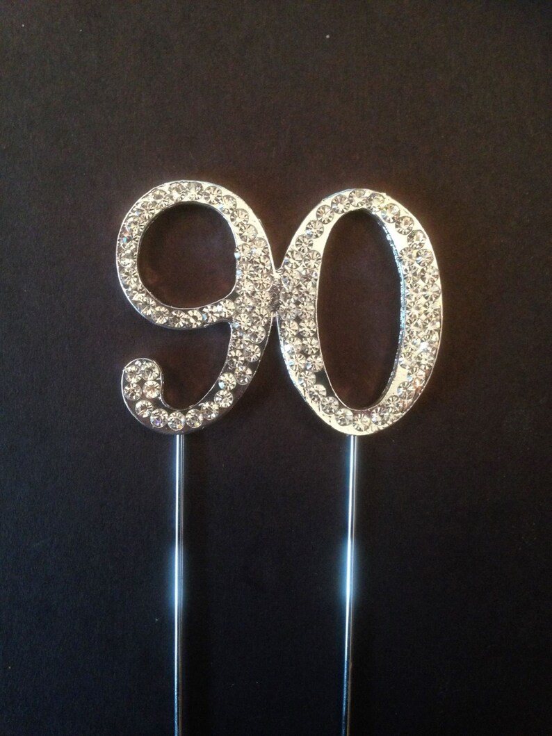 Various Ages Silver Birthday Anniversary Cake Topper Pick Decoration 12-90 years old Rhinestone Diamante Number 90 90th