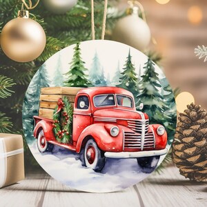 Family Christmas Ornament *Red Vintage Truck*, Red Truck Ornaments, Red Truck in Snow Ornament