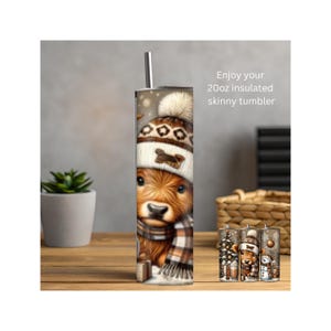 Charming Highland Cow with a Steaming Cup of Java and a Festive Woolen Hat, 20oz Stainless Steel Travel Mug