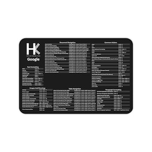 May include: A black rectangular mousepad with white text detailing Google hotkey commands. The pad includes sections for text formatting, images, drawings, table navigation, and common actions. The "HK" logo and "Google" are visible.